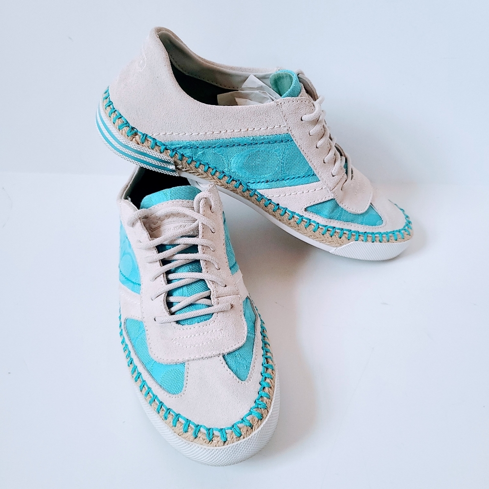 Coach Parson Espadrille White/Blue Monogram Lace Up Fashion Sneakers Size 7B
